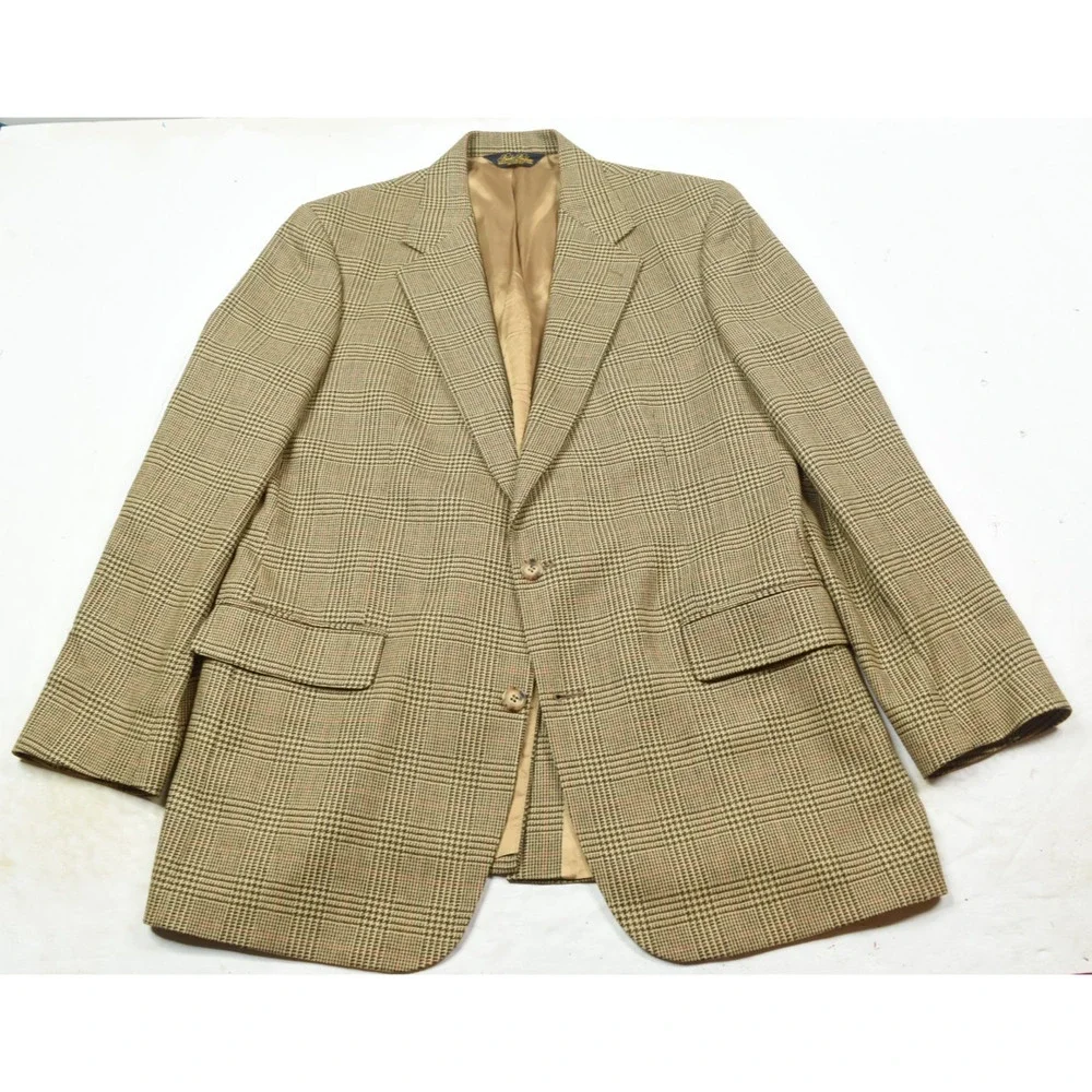 Vintage Brooks Brothers Blazer Mens 43L Beige Plaid Wool Two-Button Classic